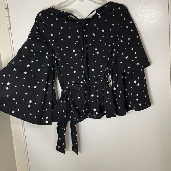 J.O.A Tie Waist tiered Star Print black blouse top size XS - Picture 5 of 7